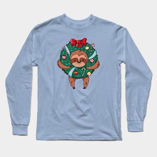 Merry Slothmas // Cute Cartoon Sloth in Christmas Wreath Long Sleeve T-Shirt